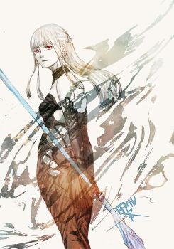 Rule 34 | 1girl, arms behind back, back bow, bare shoulders, black bodysuit, black bow, black gloves, blunt bangs, bodysuit, bow, copyright name, elbow gloves, final fantasy, final fantasy xiv, gloves, holding, holding polearm, holding weapon, long hair, omega-f, omega (final fantasy), polearm, ponytail, red eyes, ruka (blueplus84), solo, spear, weapon, white hair