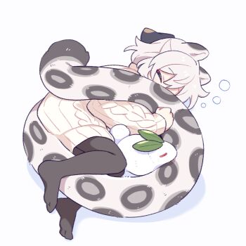 1girl animal_ears black_pantyhose closed_eyes full_body long_sleeves lying no_shoes on_side original pantyhose rabbit ribbed_sweater short_hair simple_background sleeping snow_leopard_ears snow_leopard_girl snow_leopard_tail solo squeans suzuno_(suzuno3110) sweater white_background white_hair white_sweater