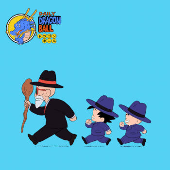 3boys beard black_eyes black_hair blue_background chibi dragon_ball facial_hair formal_clothes happy hat kuririn master_and_apprentice master_and_pupil multiple_boys muten_roushi running smile son_goku suit sunglasses
