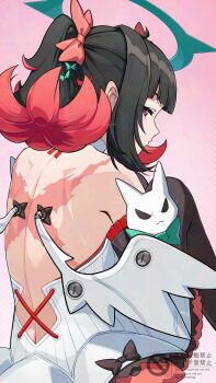 Rule 34 | 1girl, back, backless dress, backless outfit, bare shoulders, black thighhighs, bow, colored inner hair, commentary request, detached sleeves, dress, from behind, green bow, green halo, hair bow, halo, highres, knees up, looking at viewer, multicolored hair, multiple hair bows, nangong yu, pink background, pink bow, red eyes, scar, scar on back, short twintails, shoulder blades, simple background, sitting, solo, ssong990, thighhighs, twintails, white dress, white wings, wings, zenless zone zero