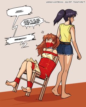 arms_behind_back bdsm bondage bound bound_ankles bound_arms bound_legs chair collarbone commentary english_commentary gag gagged improvised_gag katsuragi_misato neon_genesis_evangelion souryuu_asuka_langley tape tape_bondage tape_gag taped_arms taped_legs tied_to_chair wossarem