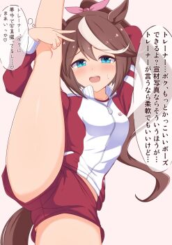 1girl animal_ears arm_up blue_eyes blush brown_hair commentary_request gym_shorts highres horse_ears horse_girl horse_tail jacket long_hair long_sleeves looking_at_viewer midriff_peek multicolored_hair multicolored_jacket okomesuihanki open_mouth ponytail red_jacket red_shorts shorts simple_background solo speech_bubble split standing standing_on_one_leg standing_split streaked_hair sweat tail thighs tokai_teio_(umamusume) tracen_training_uniform track_jacket translation_request umamusume v white_background white_hair white_streaks