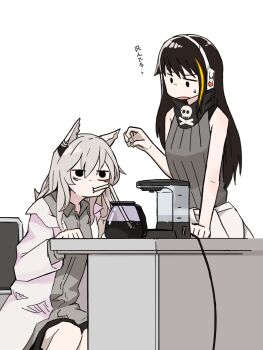 2girls alternate_hair_color animal_ears bad_id bad_twitter_id bags_under_eyes bandana black_hair cat_ears coffee coffee_maker coffee_pot commentary_request drinking_straw girls'_frontline grey_hair headphones highres lab_coat m4a1_(girls'_frontline) multiple_girls oishii_ryokutya persica_(girls'_frontline) print_bandana skull_and_crossbones skull_print sleeveless sweatdrop translation_request