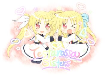 Rule 34 | 2girls, alicia testarossa, bad id, bad pixiv id, black legwear, blonde hair, chibi, english text, fate testarossa, hair ribbon, holding hands, heart, hand grab, long hair, long sleeves, lyrical nanoha, mahou shoujo lyrical nanoha innocent, multiple girls, one eye closed, open mouth, pantyhose, red eyes, ribbon, school uniform, siblings, sisters, spirited-off, star (symbol), twintails, two side up, white legwear, wink