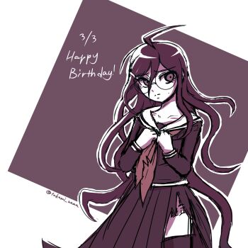 Rule 34 | 1girl, ahoge, closed mouth, collarbone, collared shirt, commentary request, danganronpa (series), danganronpa another episode: ultra despair girls, dated, english text, eyelashes, fukawa toko, glasses, hair between eyes, happy birthday, highres, long hair, long skirt, long sleeves, messy hair, mixed-language commentary, mole, mole under mouth, monochrome, neckerchief, outline, purple theme, round eyewear, sailor collar, scar, scar on leg, school uniform, serafuku, shirt, skirt, solo, split mouth, takami naaa, tally, thighhighs, torn clothes, torn neckerchief, torn skirt, twitter username, white outline