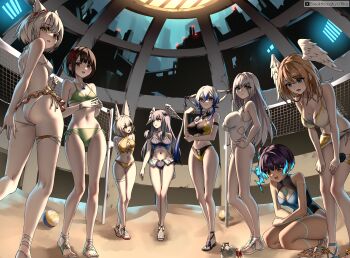 6+girls absurdres animal_ears ass bare_legs bikini bikini_skirt blue_hair braid breasts brown_hair cat_ears city commentary_request commission ethel_(xenoblade) eunie_(xenoblade) grey_hair head_wings hermit_crab highres looking_at_viewer masha_(xenoblade) melia_antiqua microskirt mio_(xenoblade) miyabi_(xenoblade) multiple_girls nia_(xenoblade) official_alternate_costume one-piece_swimsuit riro_(breakthrough_rr) sandals sena_(xenoblade) single_braid skeb_commission skirt swimsuit thighs volleyball_(sport) volleyball_net wings xenoblade_chronicles_(series) xenoblade_chronicles_3