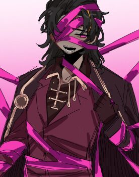 1boy :d alternate_costume bandaged_arm bandaged_head bandages beard_stubble black_hair chinese_commentary collared_shirt commentary_request cowboy_shot diandao210046 e.g.o_(project_moon) facial_hair gloves grin highres jacket jacket_on_shoulders lei_heng_(project_moon) limbus_company looking_to_the_side male_focus mullet open_mouth pink_eyes project_moon red_gloves red_jacket red_shirt red_trim red_vest roseate_desire_(e.g.o) shirt single_hair_streak smile solo stubble vest