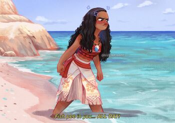 Rule 34 | 1girl, anger vein, artist name, beach, black hair, dark-skinned female, dark skin, day, english text, jewelry, long hair, luztapiaart, moana (movie), moana waialiki, necklace, outdoors, red shirt, shirt, skirt, solo, strapless, strapless shirt, subtitled, water, watermark, white skirt