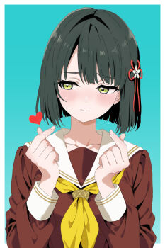 1girl averting_eyes black_hair blunt_bangs blunt_ends bob_cut brown_dress collarbone commentary double_finger_heart dress facing_viewer finger_heart flower flower_knot green_eyes hair_flower hair_ornament hasu_no_sora_school_uniform heart highres link!_like!_love_live! long_sleeves love_live! mizu_llsh momose_ginko neckerchief sailor_collar sailor_dress school_uniform short_hair solo virtual_youtuber white_flower white_sailor_collar winter_uniform yellow_neckerchief
