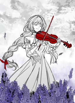 1girl bell_sleeves bow_(music) braid closed_eyes cloud cloudy_sky detached_sleeves dress field flower flower_field gloves hair_intakes halter_dress halterneck hands_up happy highres holding holding_bow_(music) holding_instrument holding_violin ilsijeongj2213 instrument lavender_(flower) long_dress long_hair music official_alternate_costume outdoors phrolova_(wuthering_waves) playing_instrument purple_flower single_braid sky smile solo split_mouth spot_color standing three-quarter_sleeves u_u very_long_hair violin wuthering_waves