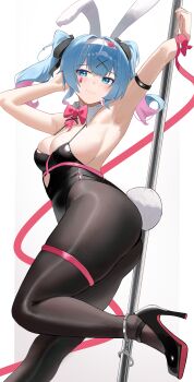 1girl absurdres alternate_breast_size_(larger) animal_ears aqua_eyes aqua_hair armpits arms_up black_leotard blush bow breasts closed_mouth clothing_cutout commentary_request covered_navel cutout_above_navel fake_animal_ears fake_tail fishnet_thighhighs fishnets hair_between_eyes hair_ornament hairband happy05x hatsune_miku heart heart-shaped_pupils highres leotard long_hair looking_at_viewer medium_breasts pantyhose pink_background playboy_bunny pole pole_dancing presenting_own_armpit rabbit_ears rabbit_hole_(vocaloid) rabbit_tail red_bow smile solo standing standing_on_one_leg symbol-shaped_pupils tail thigh_strap thighhighs vocaloid white_hairband