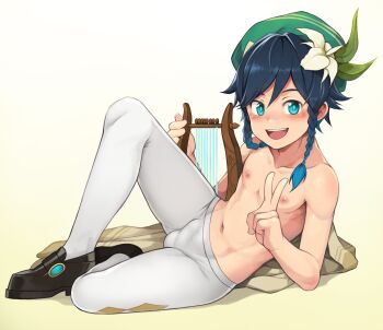 1boy :d absurdres arm_support beret black_shoes blue_eyes blue_hair blush braid bulge cape collarbone commentary daikung english_commentary flower genshin_impact gradient_background gradient_hair green_hat hair_flower hair_ornament hair_over_shoulder hand_up hat highres holding holding_instrument instrument knee_up looking_at_viewer lying lyre male_focus mixed-language_commentary multicolored_hair navel nipples on_side open_mouth pantyhose pectorals shoes side_braids smile solo spread_legs topless_male trap venti_(genshin_impact) white_pantyhose