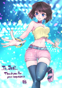 1girl :d bare_arms bare_shoulders belt black_thighhighs blue_eyes blurry blurry_background bracelet breasts brown_hair choker commentary_request commission crop_top english_text hazuki-a highres jewelry knee_up mazaki_anzu medium_breasts medium_hair midriff navel official_alternate_costume open_mouth outstretched_arms outstretched_hand pink_choker pink_shoes pink_shorts platform_heels platform_shoes shirt shoes shorts skeb_commission smile solo standing standing_on_one_leg thighhighs thighs yellow_shirt yu-gi-oh! yu-gi-oh!_duel_links yu-gi-oh!_duel_monsters