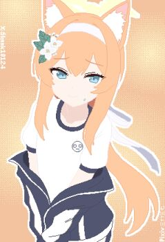 Rule 34 | 1girl, absurdres, animal ear fluff, blue archive, blue eyes, blue jacket, closed mouth, commentary, double-parted bangs, flower, gym shirt, gym uniform, hair flower, hair ornament, hairband, halo, highres, jacket, jacket partially removed, long hair, looking at viewer, mari (blue archive), mari (track) (blue archive), official alternate costume, orange background, orange hair, outline, pixel art, shirt, short sleeves, sidelocks, slmnk10124, small sweatdrop, smile, solo, track jacket, upper body, white flower, white hairband, white outline, white shirt, yellow halo