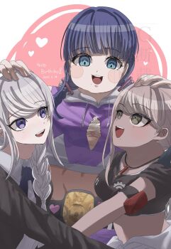 3girls belt blonde_hair blue_eyes blush braid braided_ponytail brown_eyes championship_belt collarbone dark-skinned_female dark_skin eyelashes female_focus food happy_birthday heart highres ice_cream ice_cream_cone kawana_tsubasa kirifuji_nozomi long_hair mojiro_moko multiple_girls open_mouth pink_background purple_eyes purple_hair simple_background teeth the_hundred_line_-last_defense_academy- tongue twin_braids upper_teeth_only white_background white_hair wrestler
