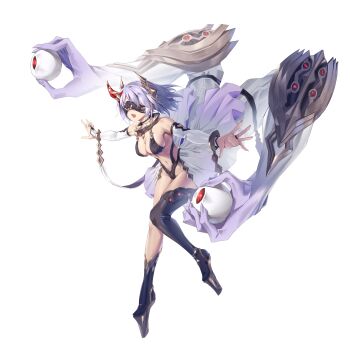 Rule 34 | 1girl, absurdres, asymmetrical legwear, blindfold, boots, bracelet, breasts, bridal gauntlets, collar, disembodied hand, elbow gloves, extra arms, extra eyes, full body, gloves, highres, jewelry, medium breasts, navel, open mouth, original, platform boots, purple hair, revealing clothes, showgirl skirt, single thighhigh, solo, thighhighs, white background, zhu fun