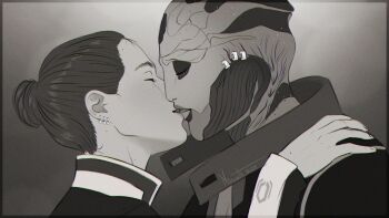 Rule 34 | alien, alternate hairstyle, archive of our own, bun, commander shepard, commander shepard (female), couple, drell, earrings, hand on another's shoulder, jewelry, kiss, mass effect (series), nimueth, thane krios, updo