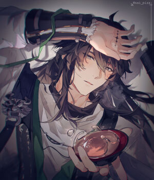 1boy arm_armor arm_up black_hair breath chromatic_aberration cloak commentary_request cup grey_eyes hair_between_eyes highres holding holding_cup long_hair looking_at_viewer male_focus nai_pizx parted_lips qiuyuan_(wuthering_waves) sakazuki solo tacet_mark_(wuthering_waves) upper_body white_cloak wuthering_waves