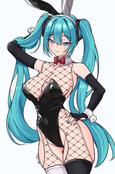 1girl absurdres aqua_eyes aqua_hair aqua_nails arm_up black_gloves black_leotard black_thighhighs blush bodystocking bow bowtie breasts commentary coubalty covered_navel elbow_gloves english_commentary fishnet_bodystocking fishnets gloves hatsune_miku highres large_breasts leotard long_hair looking_at_viewer playboy_bunny red_bow red_bowtie simple_background smile solo thighhighs traditional_bowtie twintails vocaloid white_background white_thighhighs wrist_cuffs