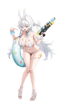 1girl absurdres animal_ear_hairband animal_ears bikini breasts chinese_commentary commentary_request crazy_straw criss-cross_halter cup drink drinking_straw fake_animal_ears fake_tail feet food full_body green_eyes grey_hair hair_between_eyes hair_ornament hairband halterneck high_heel_sandals highres holding holding_cup holding_water_gun ice_cream ice_cream_float innertube knees_together_feet_apart large_breasts lastation14 long_hair looking_at_viewer multi-strapped_bikini_bottom multi-strapped_bikini_top navel o-ring o-ring_bikini o-ring_bottom o-ring_top open_mouth original ponytail rabbit_ear_hairband rabbit_ears rabbit_tail sandals side-tie_bikini_bottom simple_background skindentation smile solo standing starfish super_soaker swim_ring swimsuit tail thigh_gap thigh_strap toes very_long_hair water_drop water_gun wet white_background white_bikini white_wrist_cuffs wrist_cuffs