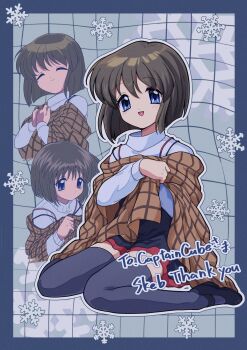 1girl ^_^ black_dress black_hair black_shoes black_thighhighs blue_eyes bob_cut brown_shawl closed_eyes closed_mouth commentary commission dress hands_up highres kanon looking_at_viewer mary_janes misaka_shiori multiple_views nka_46 open_mouth outline red_skirt shawl shoes short_hair sitting skeb_commission skirt smile snowflakes spaghetti_strap sweater sweater_under_dress thighhighs wariza white_outline white_sweater