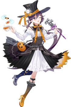 1girl akebono_(halloween)_(kancolle) akebono_(kancolle) black_hat chain corset crescent_print cup dress drew_(drew213g) full_body ghost grey_shoes halloween_costume hat jack-o&#039;-lantern_ornament kantai_collection long_hair mismatched_shoes official_art one_eye_closed orange_shoes purple_eyes purple_hair scepter searchlight shoes side_ponytail striped_hat teacup third-party_source top_hat transparent_background white_dress