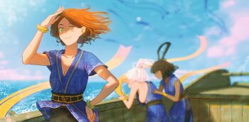 3girls asimov_(spindle_(aidenr0)) blue_dress blue_sky blurry blurry_background boat bokeh breasts brown_hair cleavage cloud commentary cowboy_shot dark-skinned_female dark_skin depth_of_field dress english_commentary floating_hair green_eyes hair_bun hand_on_own_hip highres looking_afar multiple_girls ocean original ottilie_(spindle_(aidenr0)) outdoors pointy_ears shading_eyes shorts sky smile solo_focus spindle_(aidenr0) watercraft white_hair