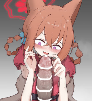 1boy 1girl animal_ears bar_censor blue_archive blush braid braided_hair_rings brown_hair censored chinese_clothes dress erection fox_ears grabbing_another's_arm grey_background hair_between_eyes hair_rings halo hetero highres loli long_hair niss_oekaki open_mouth penis pov purple_eyes red_dress red_halo revision rumi_(blue_archive) rumi_(small)_(blue_archive) short_sleeves solo_focus