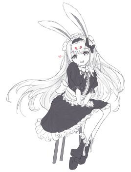 1girl absurdres alternate_costume animal_ears apron azur_lane bow center_frills commentary dress english_commentary enmaided frilled_apron frilled_dress frilled_footwear frilled_hairband frills hair_bow hairband heart highres kyl490 long_hair looking_at_viewer maid maid_headdress on_stool open_mouth puffy_short_sleeves puffy_sleeves rabbit_ears rabbit_girl shimakaze_(azur_lane) short_sleeves simple_background sitting sketch smile solo spot_color stool thick_eyebrows waist_apron white_background