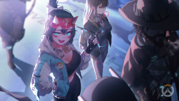 1boy 2girls absurdres beard black_gloves black_hair black_pants blowing_bubbles blue_eyes blue_jacket bow breasts brown_eyes brown_hair cassidy_(overwatch) chewing_gum cleavage commentary_request d.va_(overwatch) facial_hair facial_mark fang fingerless_gloves gloves gun hair_bow half_mask hat headphones headphones_around_neck highres holding hood jacket kiriko_(overwatch) large_breasts long_hair looking_at_viewer mask medium_breasts midriff multiple_boys multiple_girls navel open_clothes open_jacket open_mouth outdoors overwatch pants ponytail road smile sushispin weapon