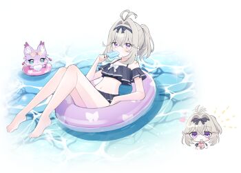 Rule 34 | 1girl, afloat, alternate hairstyle, antenna hair, bikini, black bikini, blonde hair, chibi, eating, expressive hair, fairy, food, frilled bikini, frills, heart, highres, holding, holding food, holding popsicle, holding spoon, innertube, lifebuoy, looking at viewer, mashu-tan, meitantei precure!, moria luluka, navel, nyangmomil, on innertube, ponytail, popsicle, precure, purple eyes, shaved ice, solo, spoon, swim ring, swimsuit, water