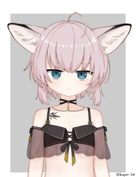 1girl ahoge animal_ears arknights bikini black_bikini blue_eyes closed_mouth commentary dated_commentary flat_chest fox_ears kamihine looking_at_viewer material_growth official_alternate_costume oripathy_lesion_(arknights) solo sussurro_(arknights) sussurro_(summer_flower)_(arknights) swimsuit upper_body