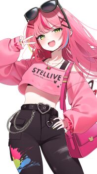 1girl absurdres alternate_costume bag belt black_belt black_pants black_sports_bra buckle chain character_name commentary copyright_name cowboy_shot crop_top crop_top_overhang cropped_sweater earclip eyewear_on_head fingernails green_eyes hair_ornament hairclip hanako_nana hand_on_own_hip hand_up heart heart-shaped_buckle highres kinsuke_z light_blush long_sleeves looking_at_viewer midriff multicolored_nails nail_polish off-shoulder_sweater off_shoulder open_mouth paint_on_clothes paint_splatter pants parallel_hairclips pink_bag pink_sweater shoulder_bag simple_background single_off_shoulder sleeves_past_wrists smile solo sports_bra sports_bra_peek standing stellive sunglasses sweater swept_bangs symbol-only_commentary v v-shaped_eyebrows virtual_youtuber white_background x_hair_ornament