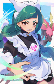 1girl apron black_romper blunt_bangs blush bow bowtie braid braided_ponytail breasts brown_eyes colored_sclera commentary_request dragalge fish gen_6_pokemon green_hair grin hachimitsu_monte juliet_sleeves leafy_seadragon lebanne_(pokemon) long_braid long_hair long_sleeves maid maid_apron maid_headdress mega_stone nintendo open_mouth pokemon pokemon_(creature) pokemon_legends:_z-a puffy_sleeves red_sclera romper seahorse small_breasts smile teeth tsurime white_bow white_bowtie