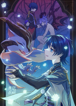 2boys adam&#039;s_apple animal_print arm_at_side armor belt bird_print black_belt black_bodysuit black_bow black_bridal_gauntlets black_hair black_kimono black_shorts black_sleeves blue_cape blue_eyes blue_sleeves blunt_ends bodysuit bow bridal_gauntlets bright_pupils cape dandelion dragon dragon_horns dragon_wings faceless faceless_male feathers fingernails flower frilled_sleeves frills furisode furry_and_humanization genshin_impact gold gold_ring gold_trim head_down highres horns japanese_armor japanese_clothes jewelry juban kimono kote kurokote layered_sleeves looking_at_animal mandarin_collar middle_ring mini_durin_(genshin_impact) mini_durin_(human)_(genshin_impact) multicolored_hair multiple_boys nagi_yusura neck_ring nude on_one_knee open_hand open_hands open_mouth outstretched_arms pom_pom_(clothes) purple_hair purple_sash purple_sleeves red_horns red_kimono red_wings sash scaramouche_(genshin_impact) short_sleeves shorts sideways_mouth single_sode small_dragon spoilers standing streaked_hair tassel wanderer_(genshin_impact) white_kimono white_pupils white_sleeves wings yellow_feathers