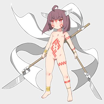 1girl ahoge anklet barefoot bodypaint bright_pupils dual_wielding facepaint female_focus flat_chest full_body grey_background highres holding holding_polearm holding_spear holding_weapon jewelry katsukumori_mitsuru kitchen_knife knife loli looking_at_viewer navel nipples nude polearm pussy red_eyes serious simple_background solo spear standing touhoku_kiritan voiceroid weaon weapon white_pupils