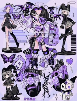 4girls amatou_akuma animal_ears animal_gloves back_bow bag barcode battery belt black_bag black_belt black_bow black_claws black_dress black_earrings black_eyes black_hair black_hat black_shoes black_skirt black_straps boots bow bug butterfly butterfly_wings candy cat_ears cat_girl cat_tail cellphone chain claws closed_mouth collar colored_inner_hair cross cursor dress earrings expressionless eyepatch facing_viewer female_focus flip_phone food frilled_eyepatch frilled_leotard frills from_behind from_side full_body garter_straps gloves gothic_lolita grey_eyes grey_hair hair_ornament hand_up hat head_wings headphones heart heart_eyepatch heart_print heart_ring_strap highres hiiragi_tsukasa holding holding_phone horns insect insect_wings jester_cap jewelry kuromi lace-trimmed_eyepatch leg_warmers leotard lolita_fashion lollipop long_sleeves looking_at_viewer maid_headdress makeup mayura medium_hair multicolored_hair multicolored_shoes multiple_girls no_nose one-eyed one_eye_covered open_mouth orb original parted_lips phone piercing plaid_clothes plaid_skirt pleated_skirt puffy_short_sleeves puffy_sleeves purple_background purple_bow purple_eyes purple_gloves purple_hair purple_leg_warmers purple_shoes purple_tail purple_theme purple_trim red_eyes ribbon shirt shoes short_hair short_sleeves signature silk simple_background single_thighhigh skirt skull sleeveless sleeves_past_fingers sleeves_past_wrists socks sparkle spider_web standing stitches stuffed_animal stuffed_toy symbol-shaped_pupils tail tail_bow tail_ornament teddy_bear thigh_strap thighhighs tongue two-tone_hair two-tone_shoes white_shoes wings witch witch_hat x-ray x_x