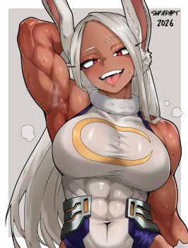 1girl 2026 absurdres animal_ears arm_behind_head arm_up armpit_focus armpits artist_name bare_shoulders boku_no_hero_academia border breasts commentary covered_abs covered_navel crescent_print dark-skinned_female dark_skin english_commentary fur_collar gloves grey_background hair_over_shoulder highleg highleg_leotard highres large_breasts leotard long_eyelashes long_hair looking_at_viewer mirko parted_bangs presenting_armpit rabbit_ears rabbit_girl red_eyes sinpadart smell smile solo sweat taut_leotard teeth tongue tongue_out upper_body very_long_hair white_border white_gloves white_hair white_leotard