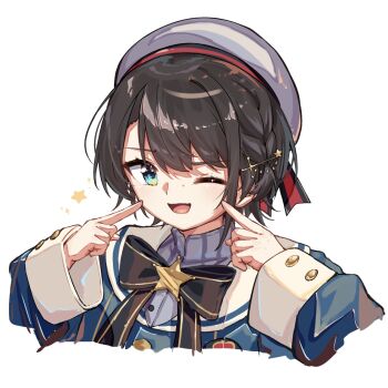 1girl beret black_hair blue_eyes blue_jacket commentary_request grey_shirt hat hololive jacket looking_at_viewer official_alternate_costume oozora_subaru oozora_subaru_(suspenders) open_mouth shirt short_hair smile solo u_da_desu virtual_youtuber white_background white_hat