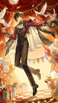 Rule 34 | 1boy, absurdres, ascot, asymmetrical sidelocks, ayn alwyn, ayn alwyn (whirling whimsical troupe), balloon, bird, black bow, black bowtie, black coat, black hair, black hat, black pants, black shirt, black shoes, black socks, black vest, bow, bowtie, box, checkered floor, chinese commentary, closed mouth, coat, coat on shoulders, colored lapels, confetti, cropped jacket, cross-laced shoes, crystal earrings, curtains, dove, dress shoes, earrings, fedora, frilled shirt collar, frilled sleeves, frills, full body, gem, gift, gift box, hair between eyes, hat, highres, holding, holding unworn clothes, holding unworn hat, holding wand, indoors, jacket, jewelry, lapel pin, lapels, light particles, long sleeves, looking at viewer, lovebrush chronicles, male focus, motion blur, mouth hold, musical note brooch, notched lapels, official alternate costume, open clothes, open jacket, outstretched arm, pants, pedestal, red eyes, red gemstone, red jacket, reno0727, shawl lapels, shirt, shoes, short hair, sidelocks, single earring, sleeve cuffs, smile, socks, solo, stage curtains, standing, standing on one leg, string of flags, tassel, two-sided coat, two-sided fabric, unworn hat, unworn headwear, vest, wand, white ascot, white coat