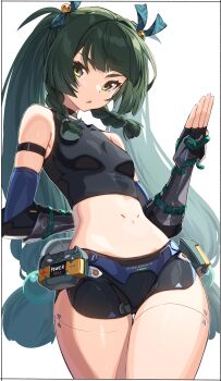 Rule 34 | 1girl, absurdres, arm behind back, bare shoulders, black shorts, braid, breasts, cowboy shot, crop top, green eyes, green hair, hair ornament, hair ribbon, highres, kei (soundcross), navel, parted lips, qingyi (zenless zone zero), ribbon, robot girl, shorts, small breasts, solo, sphere hair ornament, stomach, thighs, twin braids, twintails, zenless zone zero