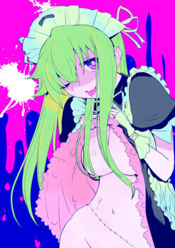 Rule 34 | 1girl, apron, black dress, blood, breasts, clothes lift, convenient hair, dress, dress lift, fingerless gloves, frilled apron, frills, gloves, green hair, groin, kobayakawa chinu, lifting own clothes, long hair, maid, maid headdress, medium breasts, navel, official art, one eye closed, open clothes, orion (orionproject), pink background, pink blood, puffy short sleeves, puffy sleeves, purple eyes, rance (series), saliva, sengoku rance, short sleeves, solo, stitched torso, stitches, tongue, tongue out, upper body, white apron, white gloves