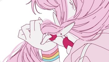 1girl bocchi_the_rock! close-up commentary cutting_hair cutting_own_hair english_commentary from_behind gotoh_hitori hands_up holding holding_own_hair holding_scissors jacket long_hair multiple_wristbands pink_hair pink_jacket scissors simple_background solo track_jacket white_background wristband yunayuispink