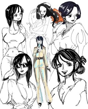 Rule 34 | 1girl, belt, commentary request, extra arms, falling petals, formal clothes, gloves, hair bun, hana hana no mi, highres, holding, long hair, looking to the side, midriff, multiple views, navel, nico robin, one piece, petals, sidelocks, simple background, smile, suit, sunglasses, tenteko mm