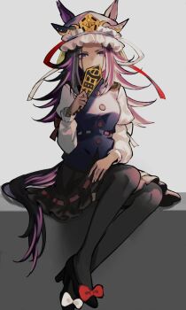 Rule 34 | 1girl, animal ears, blue vest, bow, breasts, cosplay, epaulettes, fenomeno (umamusume), footwear bow, frilled hat, frills, hat, highres, horse ears, horse girl, long hair, long sleeves, looking at viewer, pantyhose, purple eyes, purple hair, red bow, ribbon-trimmed skirt, ribbon trim, rod of remorse, shiki eiki, shiki eiki (cosplay), shoes, solo, touhou, tsui55, umamusume, vest, white bow