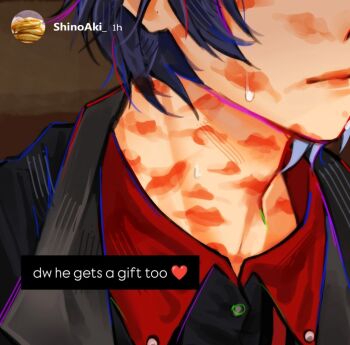 1boy aoyagi_touya blue_hair close-up closed_mouth collared_shirt commentary english_commentary english_text food highres implied_yaoi kreio_(revlucent) male_focus pancake project_sekai shirt solo