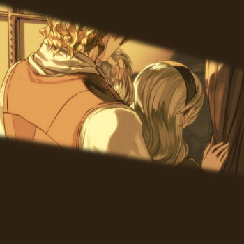 1boy 1girl alternate_costume black_hairband blonde_hair brother_and_sister female_corrin_(fire_emblem) curtain_grab curtains european_clothes fire_emblem fire_emblem_fates hair_sniffing hairband hand_in_another&#039;s_hair harusame_(rueken) indoors long_hair looking_ahead looking_at_another nintendo pointy_ears shirt short_hair siblings sidelocks silver_hair smelling_hair standing white_shirt xander_(fire_emblem)