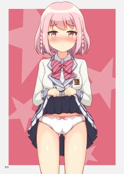 1girl absurdres black_skirt blush bow bow_panties bowtie braid breasts cameltoe closed_mouth clothes_lift collared_jacket collared_shirt comiket_107 commentary_request cowboy_shot dress dress_lift embarrassed eyebrows_hidden_by_hair feet_out_of_frame gluteal_fold hair_between_eyes highres jacket kemogami_526 lace lace_panties lace_trim lifting_own_clothes long_sleeves looking_at_viewer miniskirt nose_blush ongeki page_number panties parted_lips pink_eyes pink_hair pleated_skirt red_background red_bow red_bowtie school_uniform shirt shirt_lift short_hair shy sidelocks simple_background skirt skirt_lift solo standing star_(symbol) thigh_gap thighs underwear white_panties white_shirt