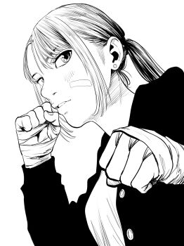 1girl bandaid bandaid_on_cheek bandaid_on_face breasts commentary_request dutch_angle earrings eyebrows_hidden_by_hair fighting_stance from_below hand_wraps highres jacket jewelry lee_(dragon_garou) light_blush medium_breasts monochrome original parted_lips ponytail portrait profile sidelocks solo stud_earrings