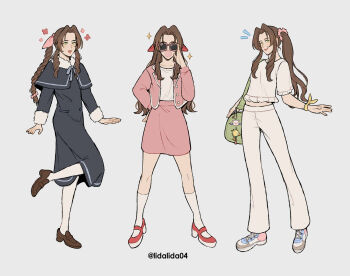 1girl adjusting_eyewear aerith_gainsborough alternate_costume bag_charm black_capelet black_dress blowing_bubble_gum braid braided_ponytail breasts brown_hair brown_shoes capelet charm_(object) chewing_gum chocobo dress final_fantasy final_fantasy_vii full_body fur-trimmed_capelet fur_trim green_background green_eyes hair_ornament hair_ribbon hair_scrunchie hand_on_own_hip highres jacket lida_(lidalida04) loafers long_hair medium_breasts midriff_peek moogle multiple_views open_mouth pants parted_bangs pink_jacket pink_ribbon pink_skirt red_shoes ribbon scrunchie shirt shoes side_ponytail sidelocks single_braid skirt smile sneakers socks sparkle sunglasses twitter_username wavy_hair white_pants white_shirt white_socks wrist_ribbon yellow_ribbon